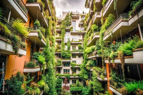 vertical garden as a sustainable way of building constructions of the future, save the planet, carbon absorving, generative ai © VicenSanh