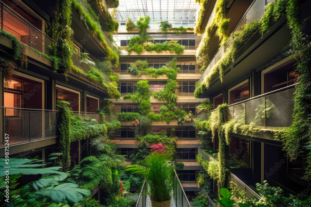 vertical garden as a sustainable way of building constructions of the future, save the planet, carbon absorving, generative ai