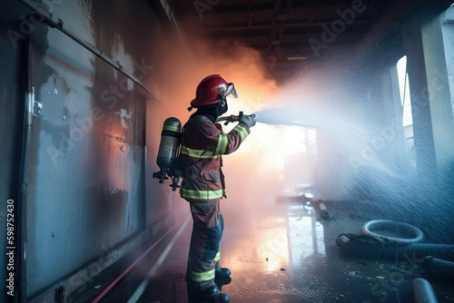 Firefighters, Fireman spraying high pressure water or suitable extinguishing agents to fire. ai generative