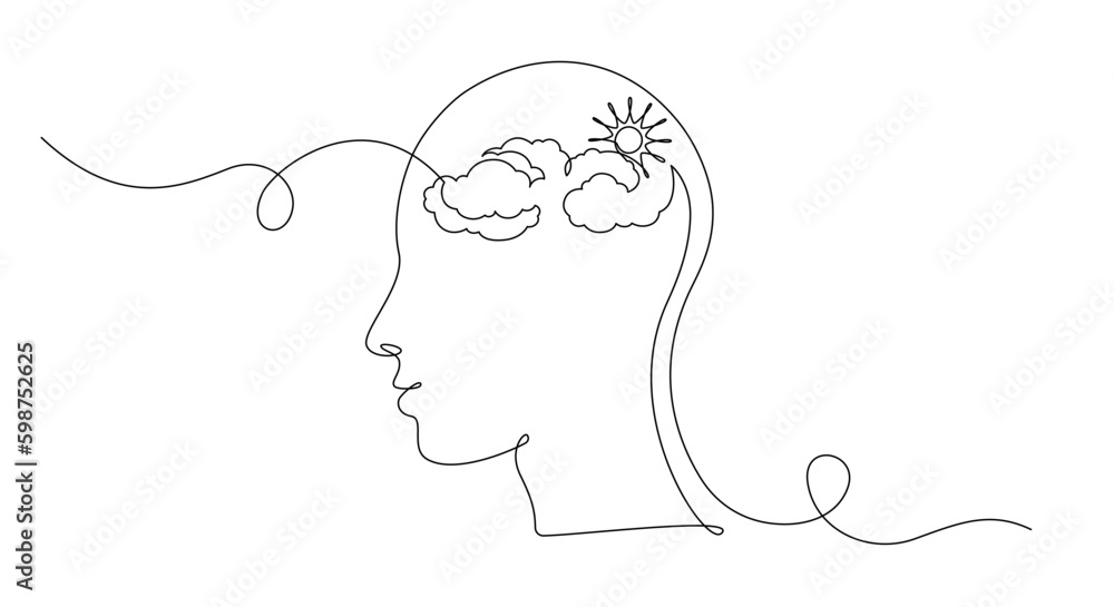 One continuous line drawing of head with cloud and sun. Mental health and mindfullnes psychology concept in simple linear style. Editable stroke. Doodle vector illustration Generative AI