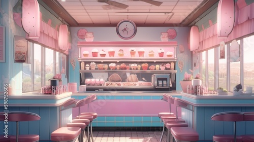 A pink and blue ice cream shop with pink stools. AI generative image.