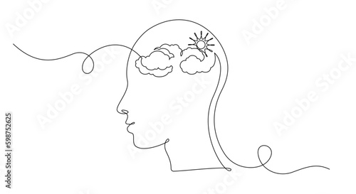 One continuous line drawing of head with cloud and sun. Mental health and mindfullnes psychology concept in simple linear style. Editable stroke. Doodle vector illustration Generative AI