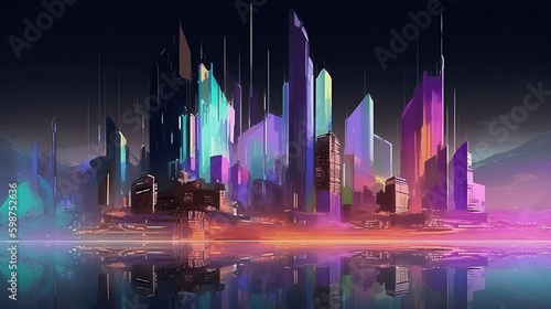 Futuristic City Water Reflected In The Style Of Hyper Colorful Dreamscapes, Nightmarish Illustrations, Dark Palette, Dreamlike Horizons, Realistic, Multi-Colored Minimalism, Futuristic Skyscrapers