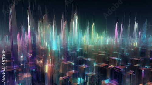 Futuristic City Water Reflected In The Style Of Hyper Colorful Dreamscapes  Nightmarish Illustrations  Dark Palette  Dreamlike Horizons  Realistic  Multi-Colored Minimalism  Futuristic Skyscrapers
