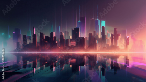 Futuristic City Water Reflected In The Style Of Hyper Colorful Dreamscapes  Nightmarish Illustrations  Dark Palette  Dreamlike Horizons  Realistic  Multi-Colored Minimalism  Futuristic Skyscrapers