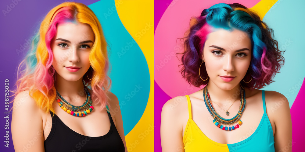 Young cute beautiful girl close-up with bright wavy or curly rainbow multicolored hair and necklace on color background. Generative AI. Young cute beautiful girl close-up with bright wavy or curly rainbow multicolored hair and necklace on color background. Generative AI.