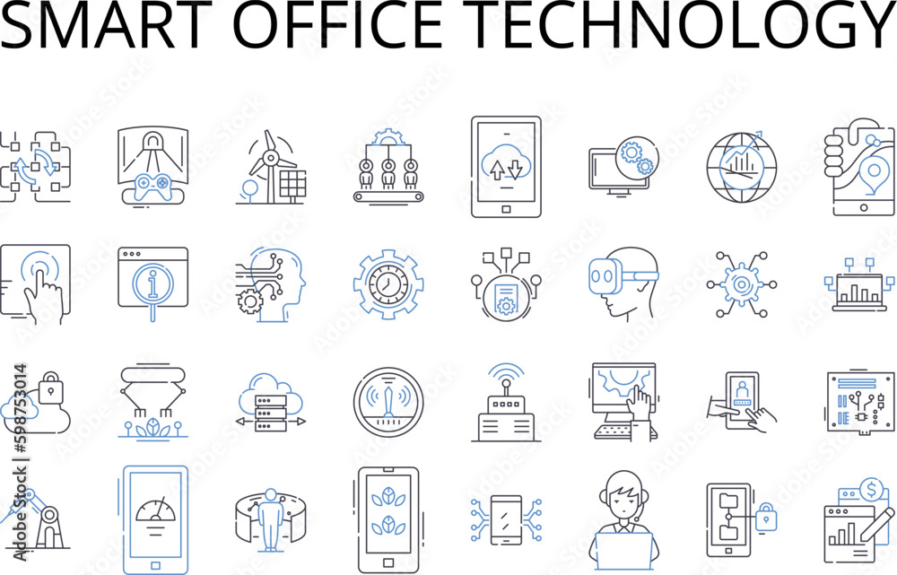 Smart office technology line icons collection. Responsive web design, Advanced algorithms, Digital marketing, Cloud computing, Social media, Wearable technology, Virtual reality vector Generative AI Smart office technology line icons collection. Responsive web design, Advanced algorithms, Digital marketing, Cloud computing, Social media, Wearable technology, Virtual reality vector Generative AI