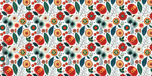 Beach cheerful seamless pattern wallpaper of leaves and flower background. Vector illustration of a seamless textile and fashionable colorful tropical floral pattern.