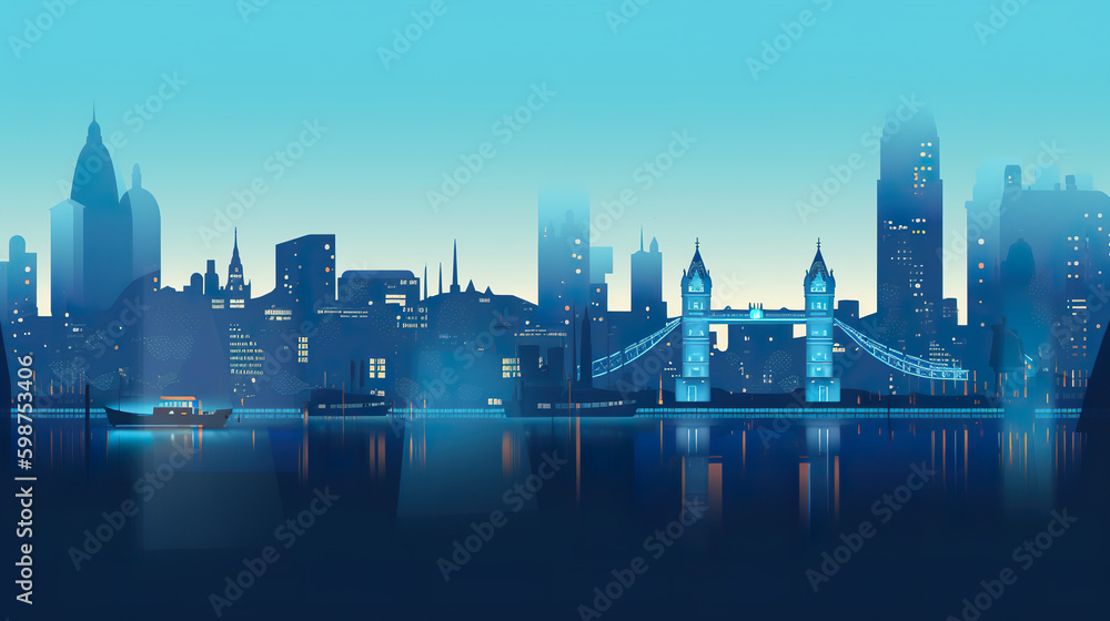 A view of a city at night from across the water. AI generative. Nostalgic imaginary skyline