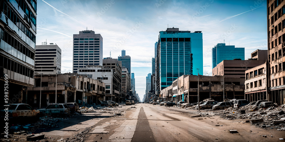 Abandoned, completely destroyed big city - a metropolis with ...