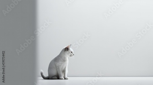 White cat  minimalism on a grey background with copy space Generative AI