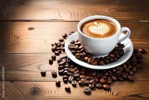 Coffee cup and coffee beans on wooden background