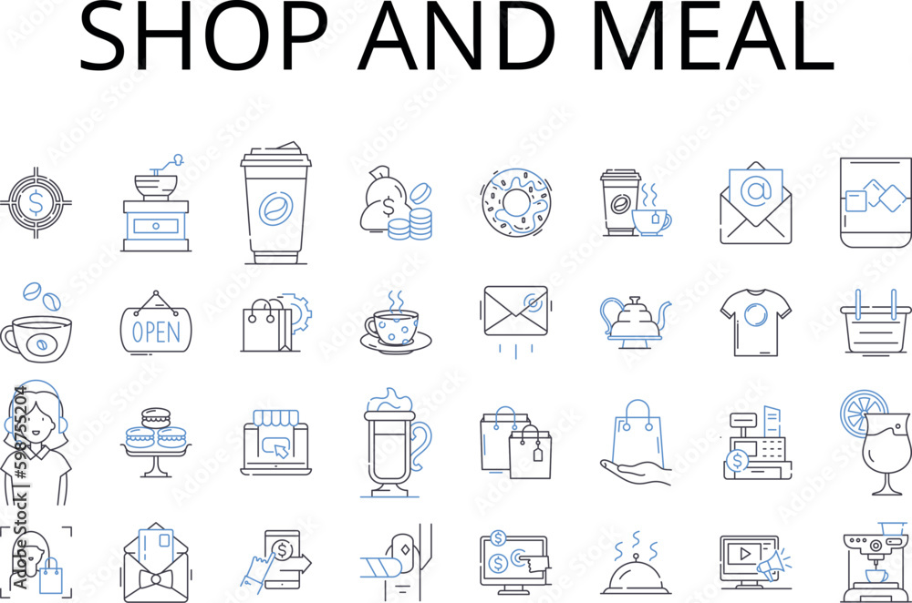 Shop and meal line icons collection. hop, Store, Boutique, Market, Emporium, Outlet, Establishment vector and linear illustration. Bazaar,Mart,Retailer outline signs set Generative AI Shop and meal line icons collection. hop, Store, Boutique, Market, Emporium, Outlet, Establishment vector and linear illustration. Bazaar,Mart,Retailer outline signs set Generative AI