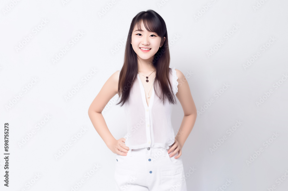 Portrait of Beautiful Asian Woman with her Smooth skin look at camera on White background in Studio light. generative AI. Portrait of Beautiful Asian Woman with her Smooth skin look at camera on White background in Studio light. generative AI.