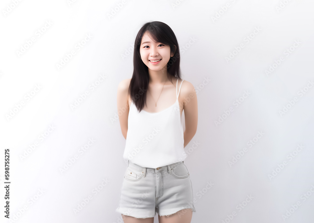Portrait of Beautiful Asian Woman with her Smooth skin look at camera on White background in Studio light. generative AI. Portrait of Beautiful Asian Woman with her Smooth skin look at camera on White background in Studio light. generative AI.