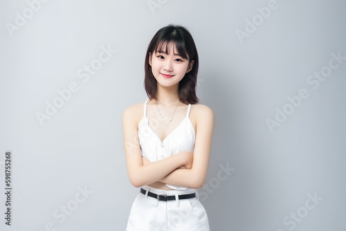 Portrait of Beautiful Asian Woman with her Smooth skin look at camera on White background in Studio light. generative AI. © Surachetsh