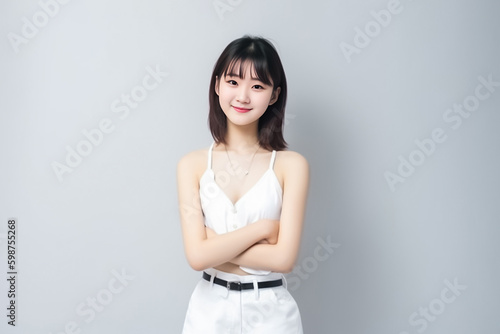 Portrait of Beautiful Asian Woman with her Smooth skin look at camera on White background in Studio light. generative AI.