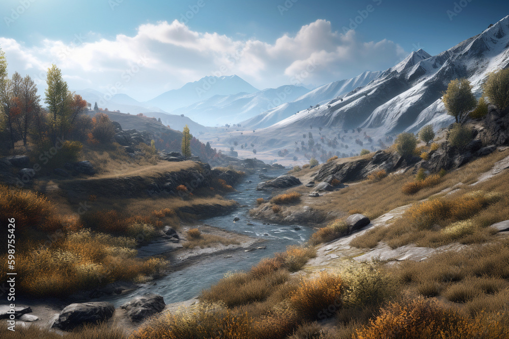 A photorealistic landscape stretches out before you, the snow-capped mountains, the rolling hills, and the winding creek cutting through it all.