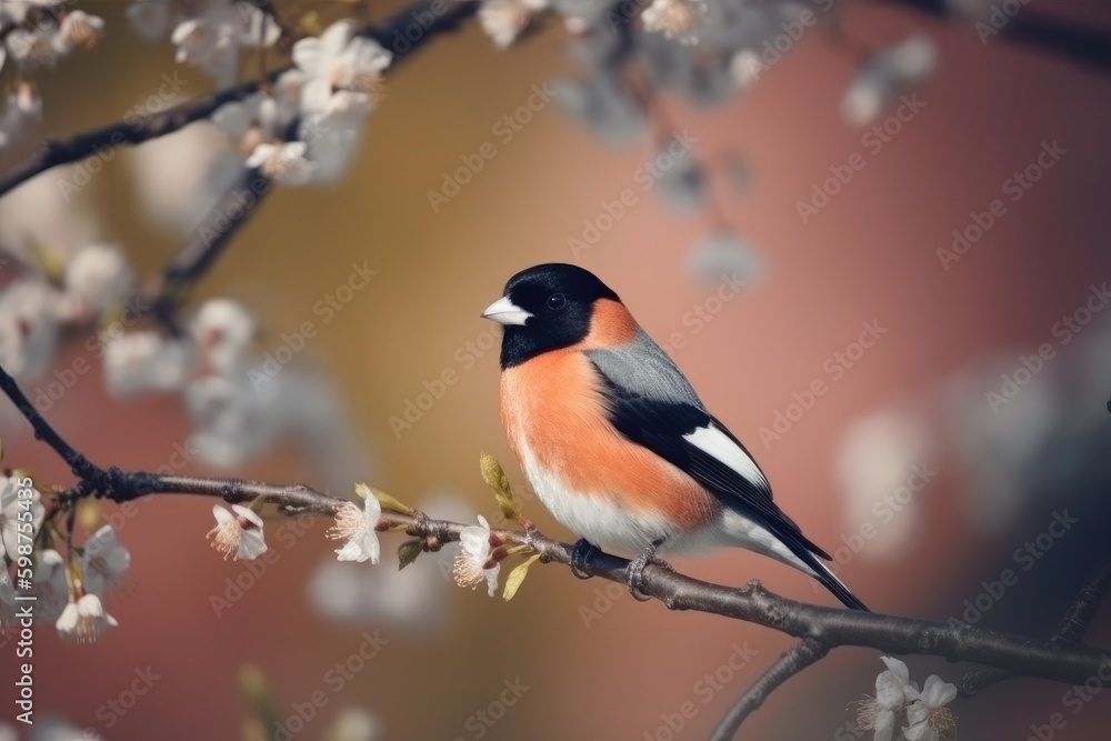 Puffy fluffy bullfinch witting on the tree with spring buds, colorful background Generative AI Puffy fluffy bullfinch witting on the tree with spring buds, colorful background Generative AI