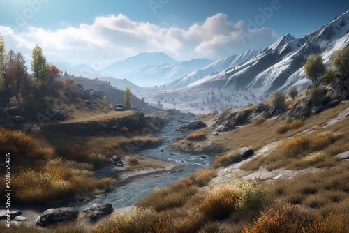 A photorealistic landscape stretches out before you, the snow-capped mountains, the rolling hills, and the winding creek cutting through it all. © Mosaic Media