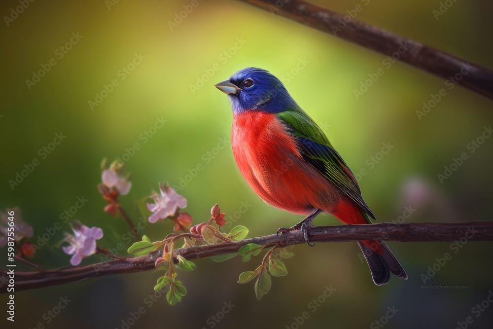 Painted Bunting Cardinal on the tree, spring buds, blurred background, side look Generative AI