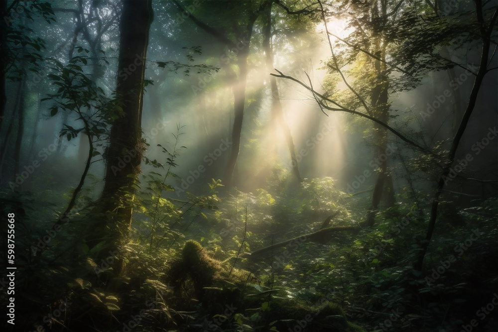 beautiful forest with the sun shining through, Sunrise inside the forest, sun rays in virgin nature. AI generated content beautiful forest with the sun shining through, Sunrise inside the forest, sun rays in virgin nature. AI generated content