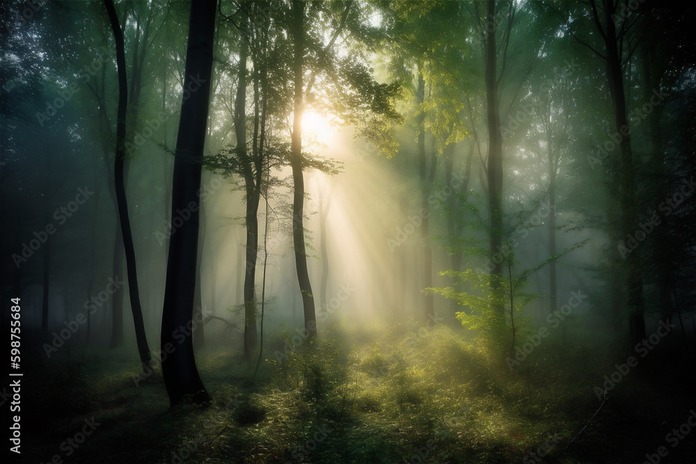 Fototapeta premium beautiful forest with the sun shining through, Sunrise inside the forest, sun rays in virgin nature. AI generated content