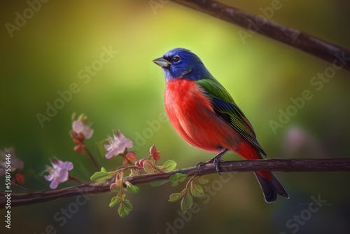 Painted Bunting Cardinal on the tree, spring buds, blurred background, side look Generative AI
