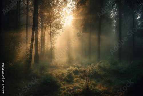 beautiful forest with the sun shining through  Sunrise inside the forest  sun rays in virgin nature. AI generated content