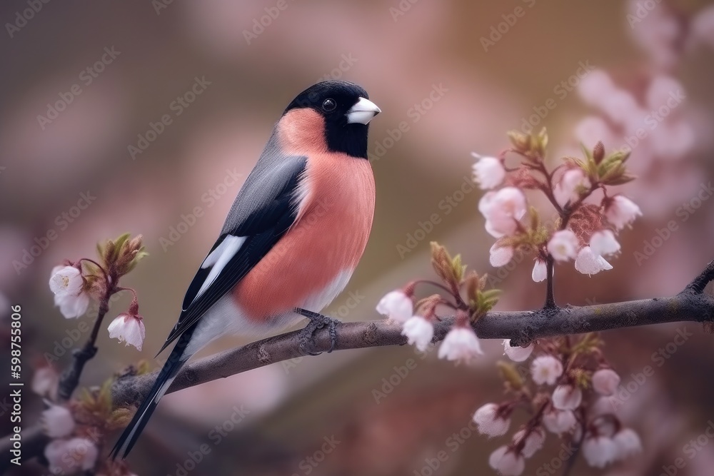 Puffy fluffy bullfinch witting on the tree, pink background Generative AI Puffy fluffy bullfinch witting on the tree, pink background Generative AI