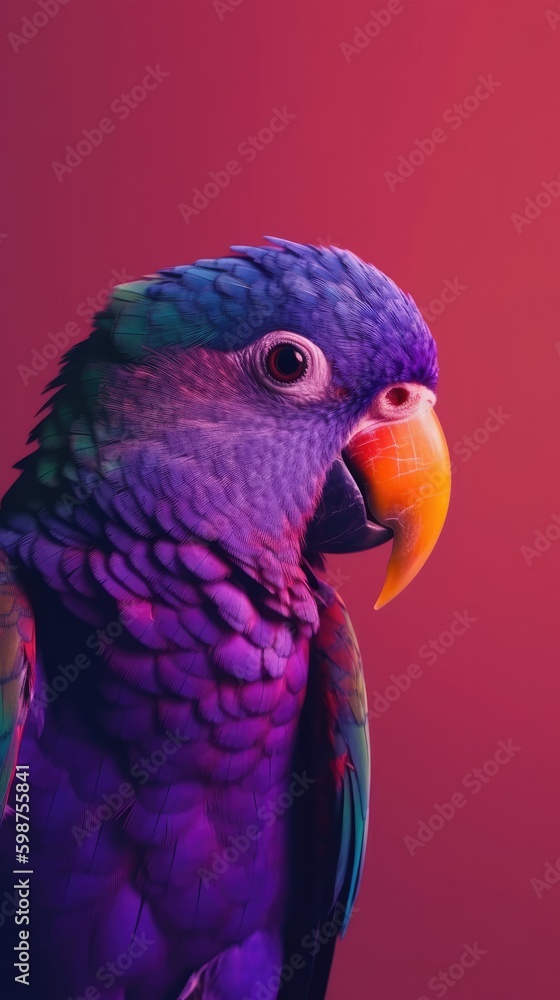 Obraz premium Cute colourful parrot on a pink background close up Generative AI