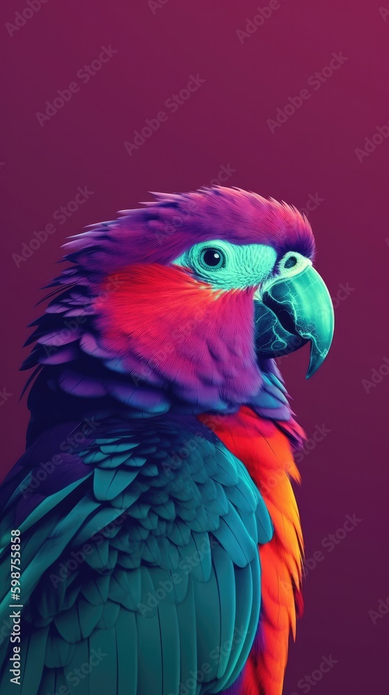 Fototapeta premium Cute colourful parrot on a purple background close up Generative AI