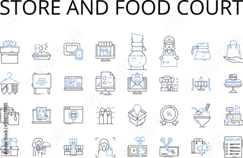 Store and food court line icons collection. tore, Shop, Boutique, Outfitter, Emporium, Market, Supermarket vector and linear illustration. Mini-mart,Convenience store,Corner store Generative AI
