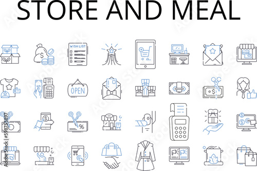 Store and meal line icons collection. tore, Shop, Market, Boutique, Outlet, Emporium, Supermarket vector and linear illustration. Grocery,Convenience store,Bodega outline signs set Generative AI