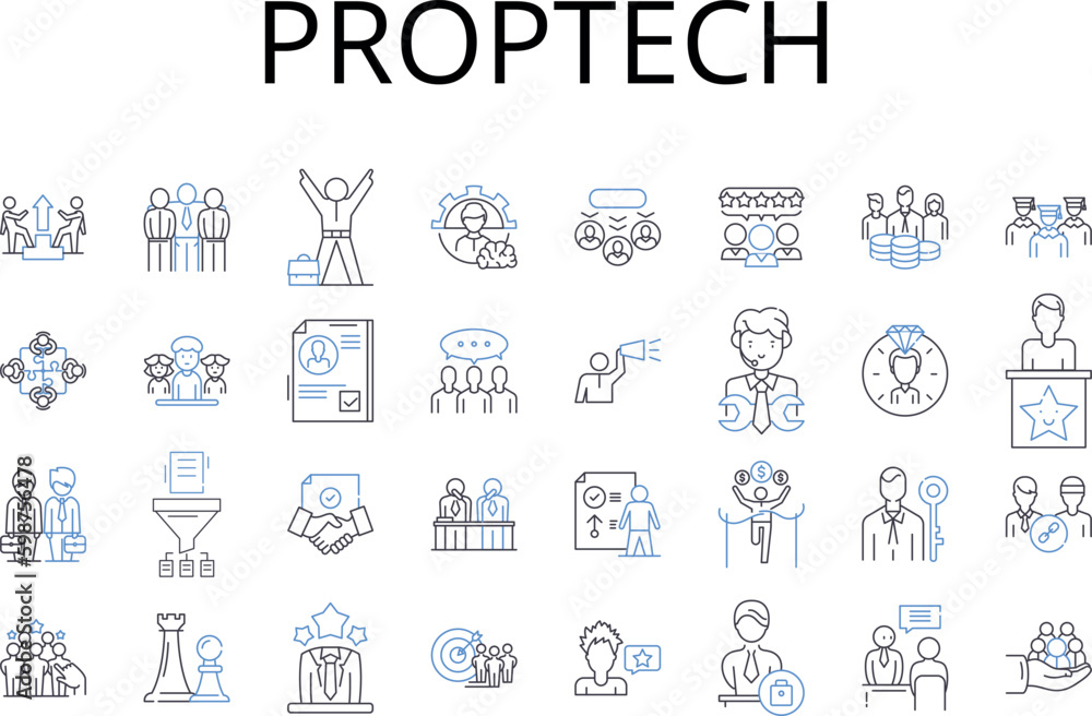Proptech line icons collection. Property technology, Real estate tech, Proprietary technology, Building technology, Construction technology, Facility management technology, Home tech Generative AI Proptech line icons collection. Property technology, Real estate tech, Proprietary technology, Building technology, Construction technology, Facility management technology, Home tech Generative AI