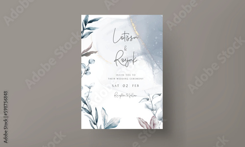 elegant blue eucalyptus and leaves wedding invitation card template