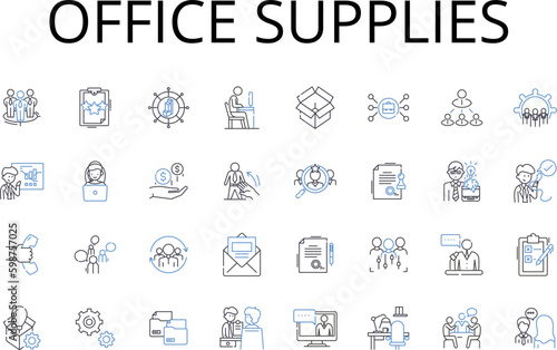 Office supplies line icons collection. Statiry items, Business tools, Work essentials, Writing materials, Desktop accessories, Paper goods, Desk necessities vector and linear Generative AI