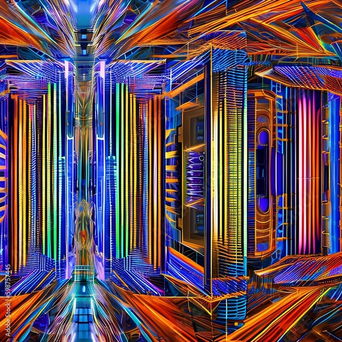 Cybernetic Symphony: An abstract representation of a symphony, created with cybernetic shapes and vibrant colors2, Generative AI photo