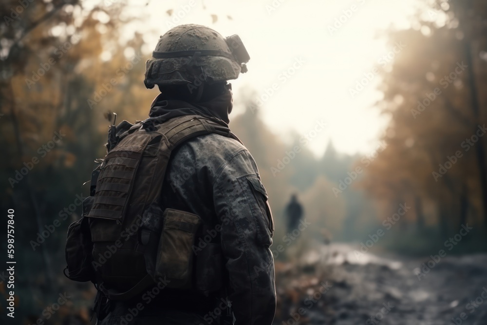 Back view of a soldier in the woods - generative ai
