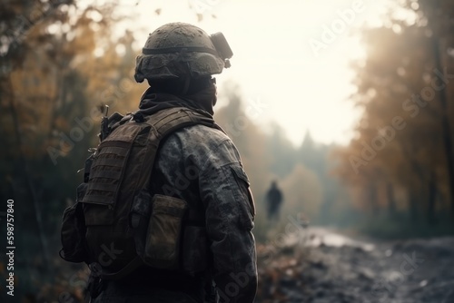 Back view of a soldier in the woods - generative ai