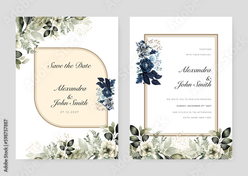 White blue orchid floral flower elegant wedding invitation watercolor