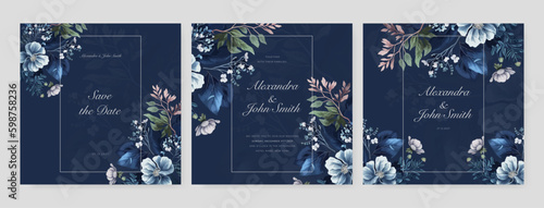 Blue orchid floral flower vector flower wedding invitation template with aesthetic border watercolor