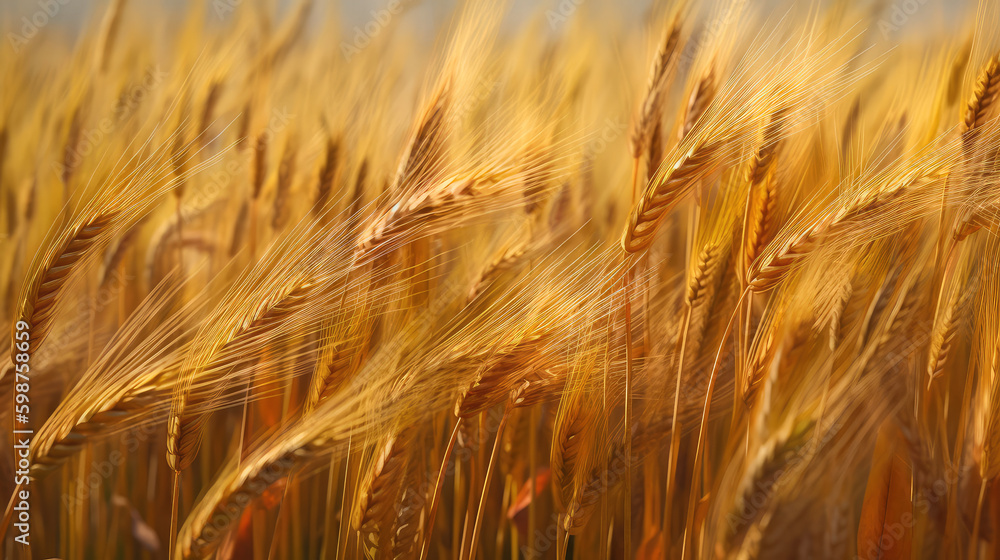 Field of golden ripe wheat, swaying in the wind, against a blue sky with fluffy white clouds. Generative AI Field of golden ripe wheat, swaying in the wind, against a blue sky with fluffy white clouds. Generative AI