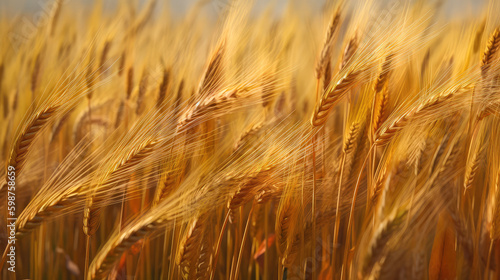 Field of golden ripe wheat  swaying in the wind  against a blue sky with fluffy white clouds. Generative AI
