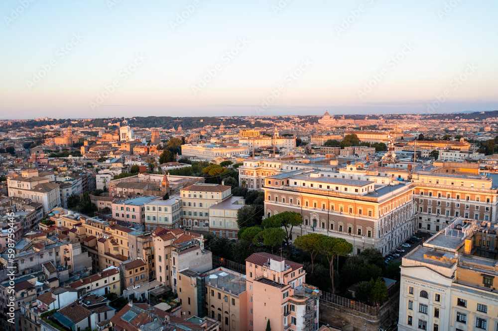 Aerial View of Buildings in Rome Italy at Sunrise Looking towards the Vatican