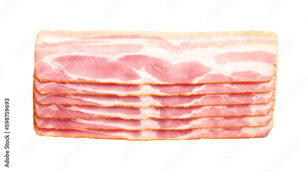 Bacon slices isolated on white background, top view.  slices of smoked pork loin ham.