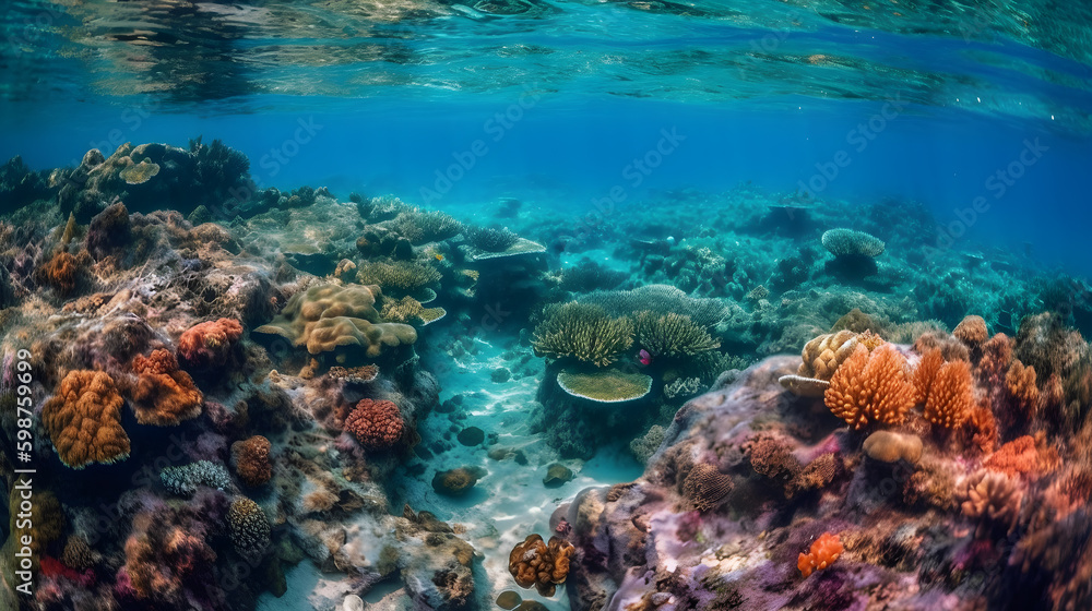 coral reefs on the bottom of the clear sea, generative ai