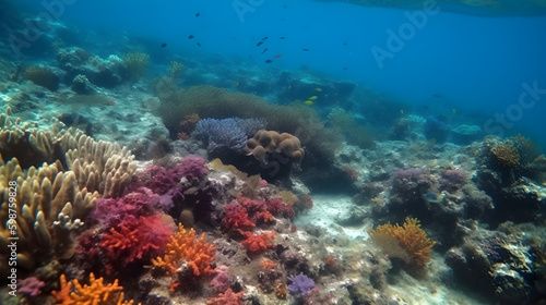 view of coral reefs on the bottom of the clear sea, generative ai