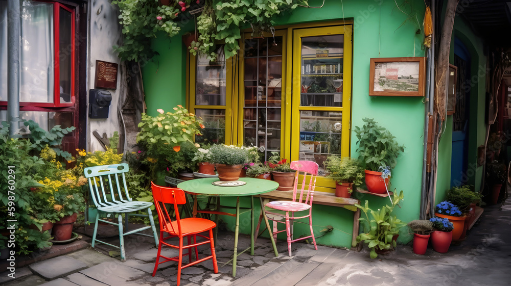 Charming and colorful old backyard cafe. Tables with plants and wooden chairs, generative ai
