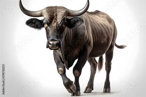 A bull with large horns standing on a white background  Generative Ai